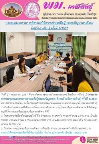 ประชุมคณะกรรมการพิจารณาให้ความช่วยเหลือผู้ประสบปัญหาทางสังคมจังหวัดกาฬสินธุ์ ครั้งที่ 6/2567